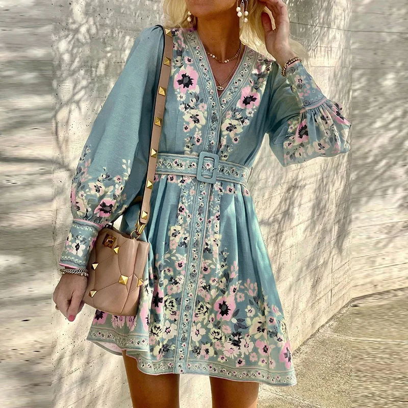 2022 m. Vasarą Mini Boho Suknelė Moterims, Diržas Bohemijos Ilgas Šalis Suknelė Ponios Y2k Etninės Stiliaus Gėlių Spausdinti Paplūdimio Suknelė Moterims Skraiste