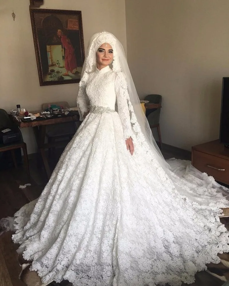Saudo Arabija Turkija Kamuolys Suknelė Ilgomis Rankovėmis Nėrinių Vestuvių Suknelės Aukšto Kaklo Musulmonų Vestuvinės Suknelės Vestido De Noiva Su Crystal Varčios