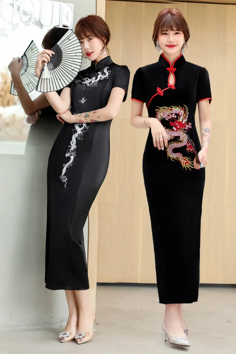 Juoda Kinijos Vakarinę Suknelę Japonų Stiliaus Cheongsam Suknelė Klubas Seksualus Tradicinę Kinų Drakonas Siuvinėjimo Qipao Suknelės