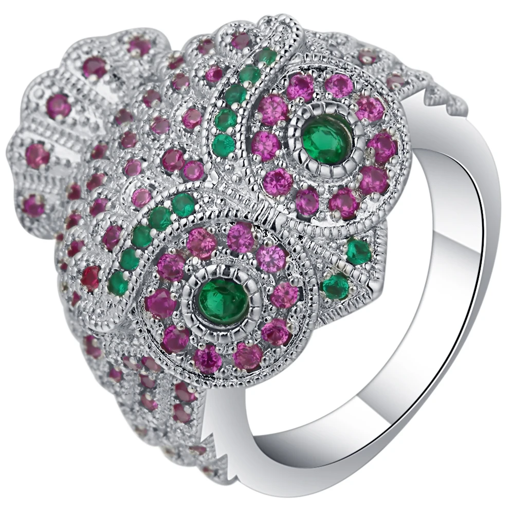 UFOORO Unikalus mielas pelėda šalis žiedas moterų žavesio pink&green kubinių zirconia žiedas sidabro spalvos juosta moterų vestuvių žiedo dydis 6-10
